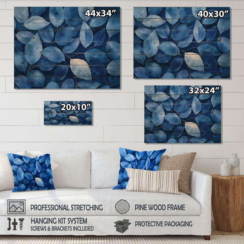 Indigo feuilles feuillage collage II - feuilles de bois décoration murale - sur bois de pin naturel, H 10 po x l 20 po