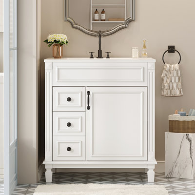 Meuble-lavabo de style français de 30 po avec lavabo en céramique, charnières à glissières silencieuses et tablette ajustable avec poignées à boutons de 30 po, pratique pour les petites salles de bain