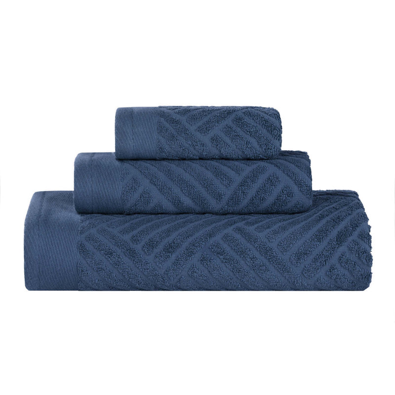 Ocilla Certified Egyptian Cotton Medium Weight Textured Soft Absorbent Jacquard 3 Piece Towel Set, Royal Blue
