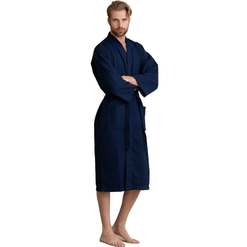 Peignoir mi-mollet avec poches Ellisurg Waffle, Bleu marine
