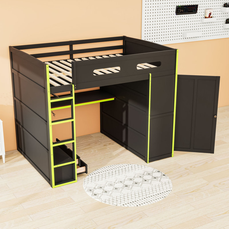 Full Size Gamer Loft Bed With Desk, RGB Lighting And USB,Drawers, Green