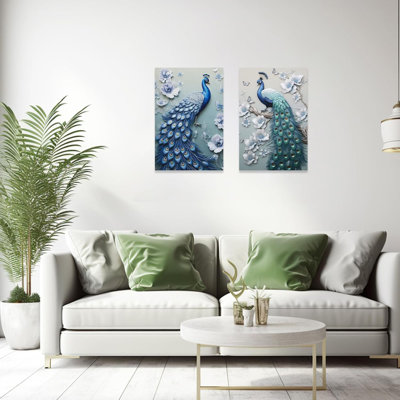 Peacock Wall Art Set Of 2 Elegant Blue Peacock Pictures 12X16 Inch Canvas Prints Home Decor Frame