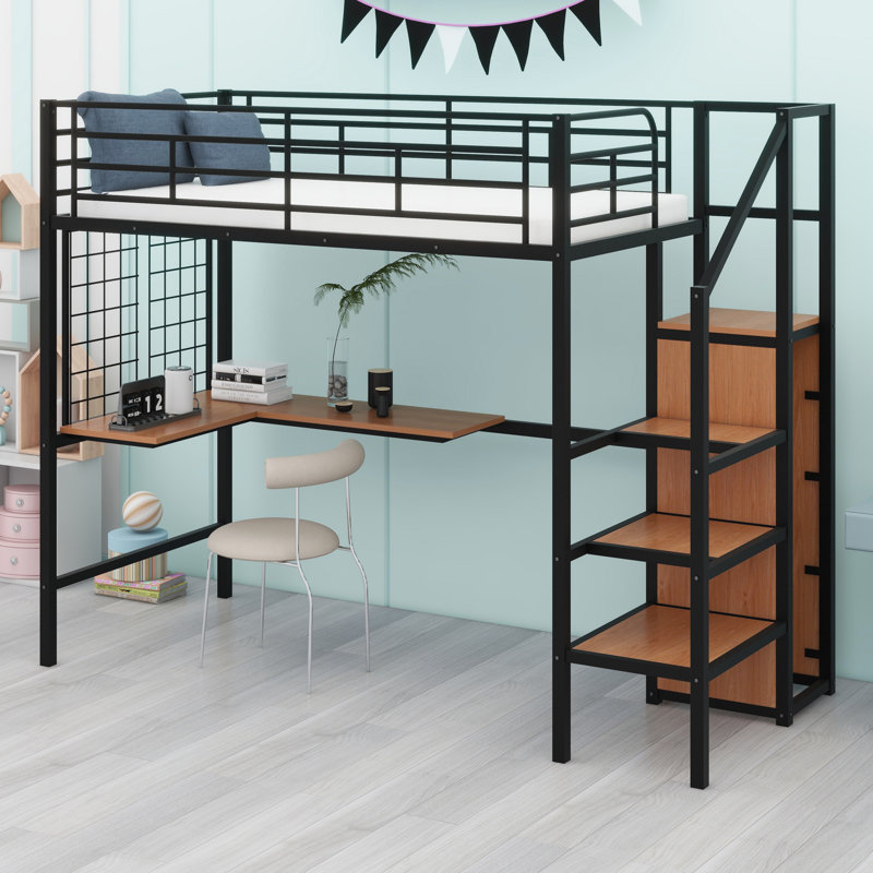 Lit mezzanine en métal avec bureau et grille en métal, avec garde-robe