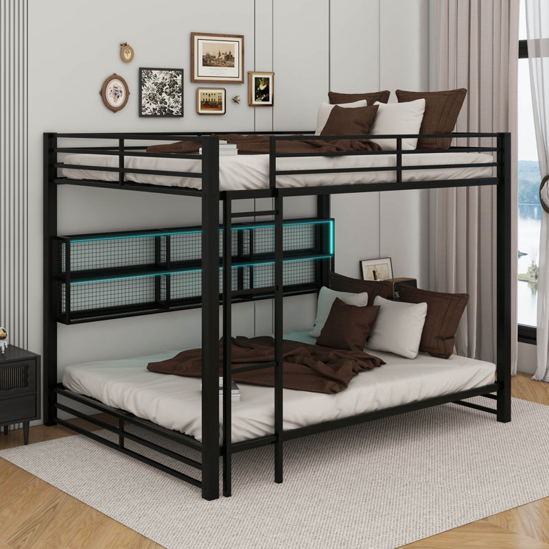 Metal Queen Over Queen Bunk Bed With Cabinets And LED