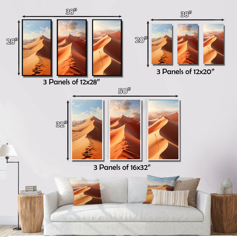 "Sables mystiques égyptiens", 3 pièces sur toile, H 32 po x l 48 po, Cadre noir