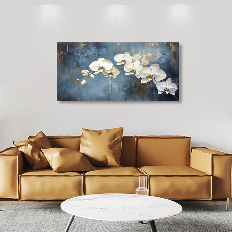 Abstract White Butterfly Orchid Canvas Wall Art For Living Room Office Bedroom Flowers Wall Art Print Oil Paintings Modern Blue Gold Rain Mist Pictures Wall Decor Artwork Ready To Hang - 20In * 40Inch