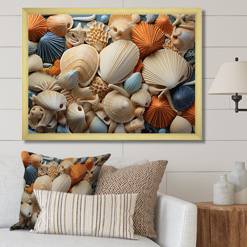 Décoration murale plage coquillage - animaux, Cadre doré à une seule photo, H 16 po x l 32 po x P 1 po