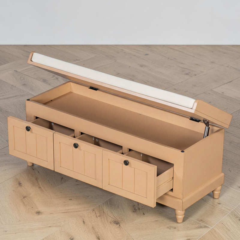 Lift-Top Storage Bench With Cushion and 3 Drawers, Natural