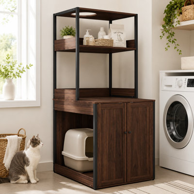 Enceinte de litière H 70,5 po avec tablettes de rangement, armoire cachée, noyer et noir