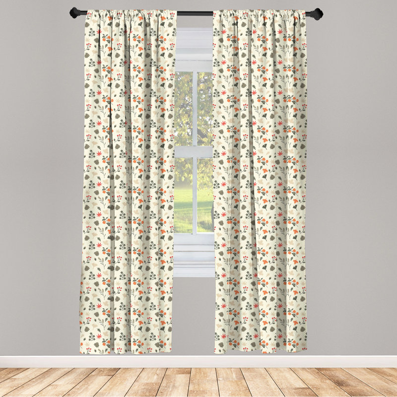 Cream and Dark Peach Floral Rod Pocket Curtain Panels, 28" x 63"