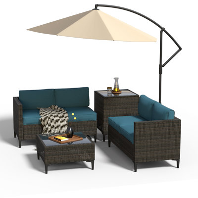 4-piece Outdoor Patio Furniture Set,all-weather Pe Wicker Sectional Sofa With Storage Box And Tempered Glass Table, Non-slip Blue Cushions, Perfect For Garden, Poolside, Or Backyard Lounge (Browne&Peacock Blue)