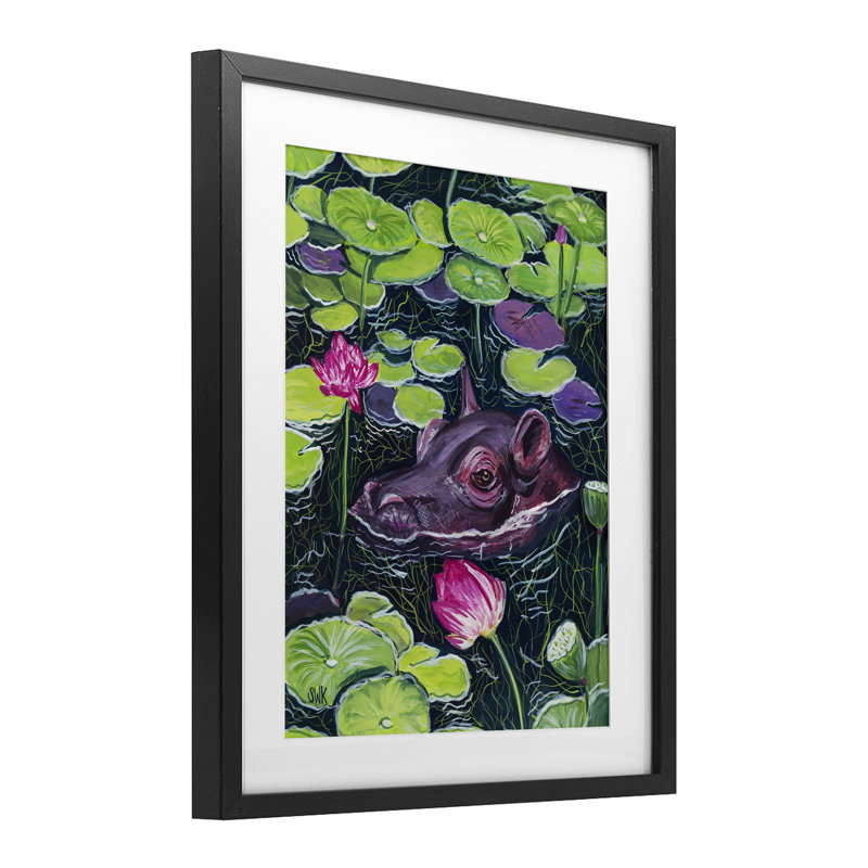 Hippo & Blossoms Pond, impression sous verre, conception de Sarah Waldron Kimball, Cadre noir minuit sous verre
