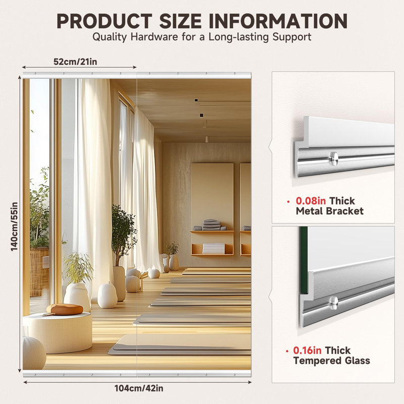2PCS Full Length Rectangle Metal Wall Mirror Set Home Gym Mirror with Tempered Glasses, 55" x 21"