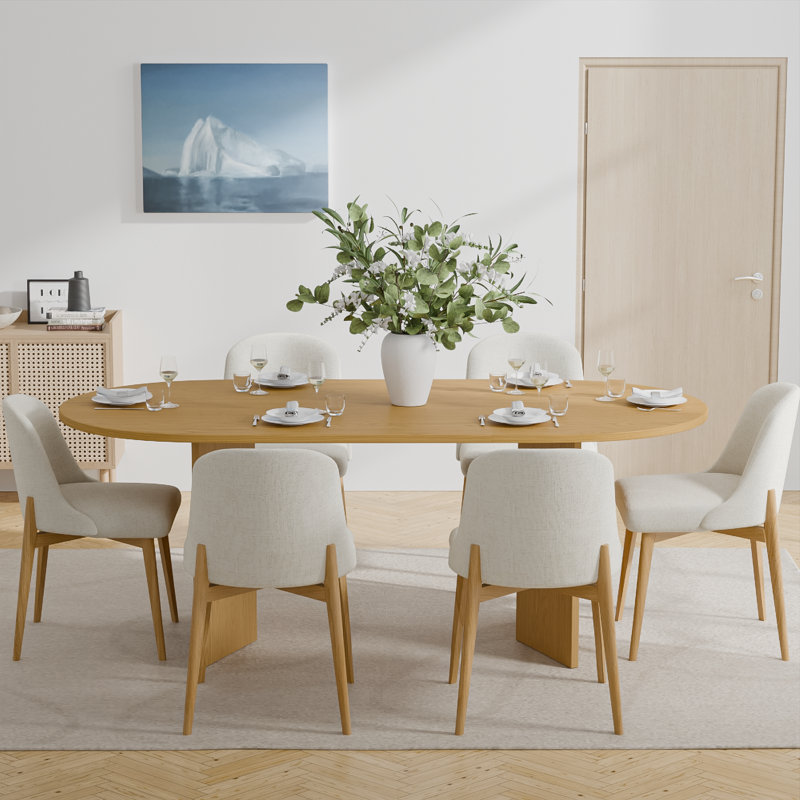 Double Pedestal Dining Table Sets With 2 Upholstered Dining Chairs, Natural Wood