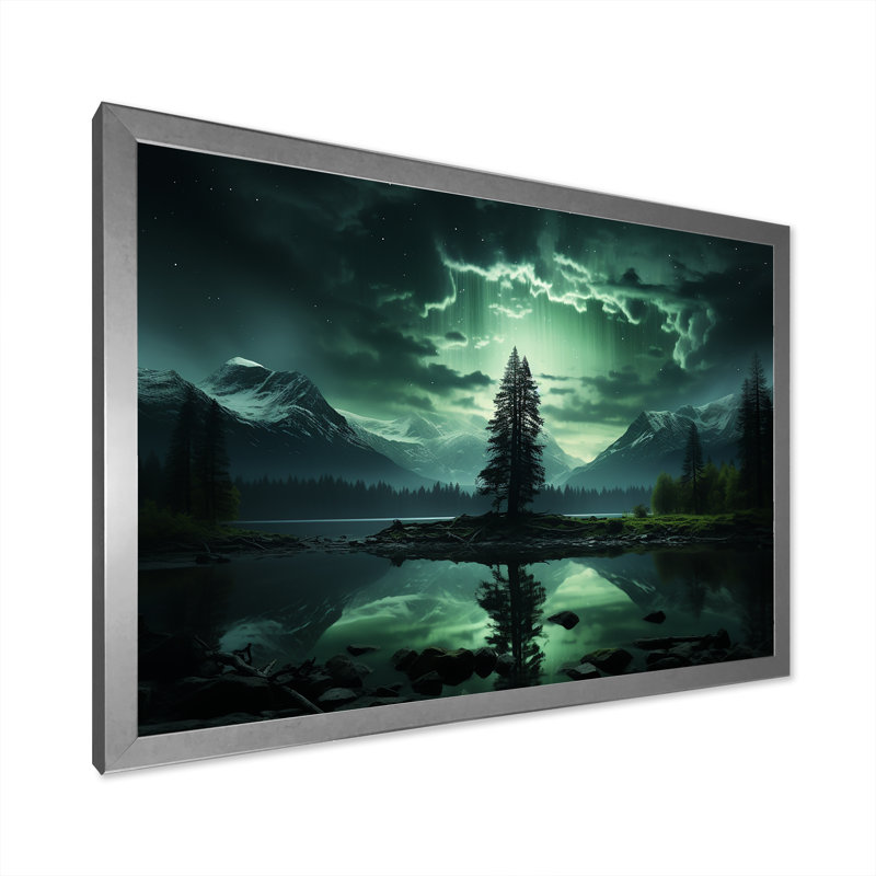 Arbre émeraude dans les aurores boréales II - arbre, art mural, Cadre de coin argenté fermé, H 16 po x l 32 po x P 1 po