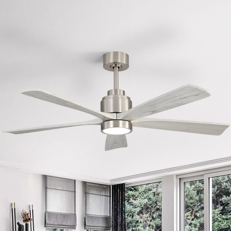 Ventilateur de plafond 52 po à pales en bois massif à intensité variable avec lumières et télécommande, Nickel
