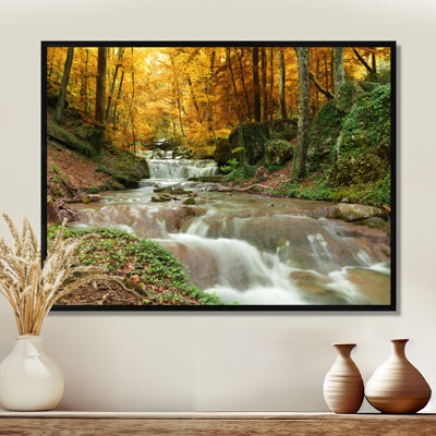 Forêt, cascade, arbres jaunes - reproduction de photo