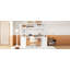 Lit mezzanine double en bois avec bureau en U, compartiments de rangement et miroir à trois volets, blanc