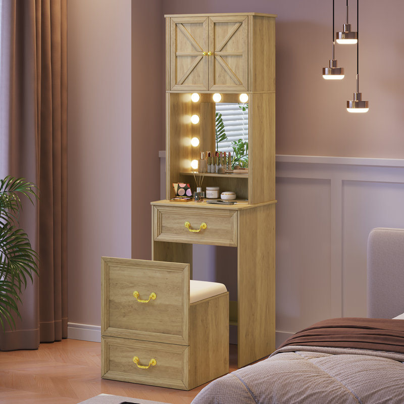 Dressing Table with Mirror, Beige