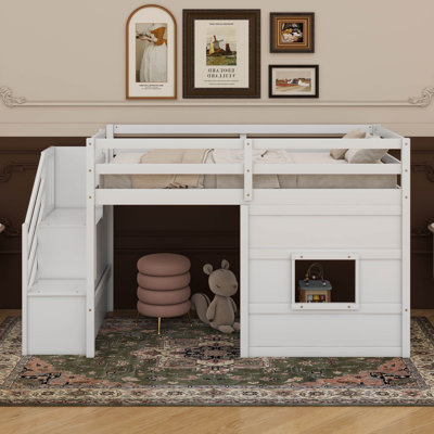 Low Loft Bed With Stairs, Twin Size Storage Loft Bed Frame With Staircase And Window by Harriet Bee