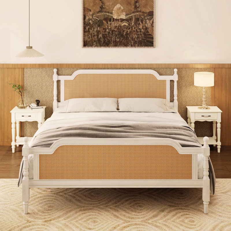 Structure de lit de style traditionnel, aucun sommier requis, Très grand lit, Antique White