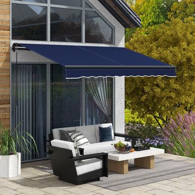 Auvent de patio rétractable 10 pi x 8 pi avec pare-soleil à commande manuelle. Matériau de 280 g / m², structure en aluminium robuste. Bleu pour terrasse, balcon, auvent rétractable de jardin, fonction abri. Protégé, robuste