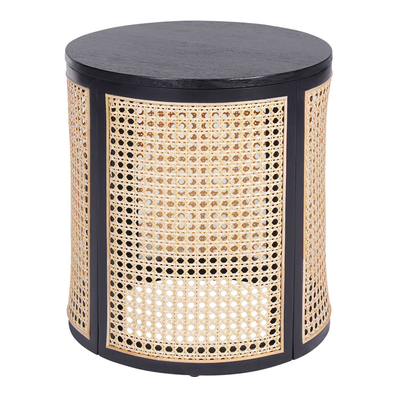 Table de bout ronde en bois d'hévéa de 15,7 po, table de chevet en rotin tissé et base en MDF, Noir