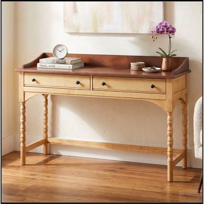 54'' Wooden Writing Desk with 2 Storage Drawers, Turned Bobbin Leg Multi Functional Workstation Vanity Console Table with Anti-Tipping Design for Living Room, Bedroom and Study, Brown & Natural