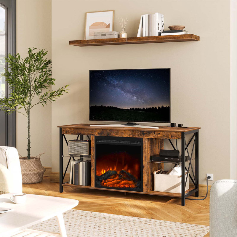 Rustic Brown Electric Fireplace TV Stand with Glass Shelves