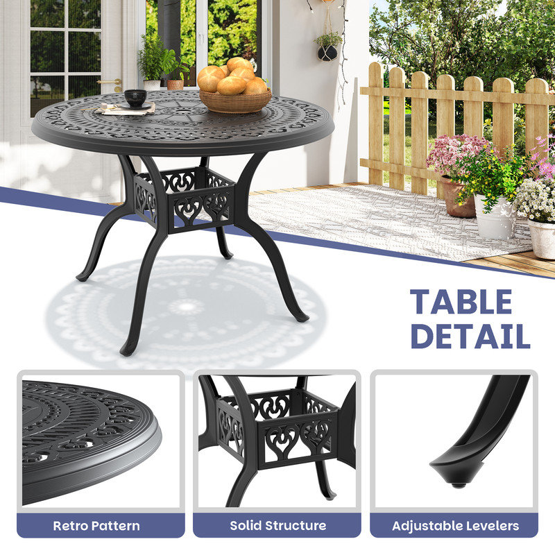 3-Piece Cast Aluminum Bistro Dining Set,39.37" Round Table with Umbrella Hole & 2 Stackable Chairs with Blue Cushions, Blue