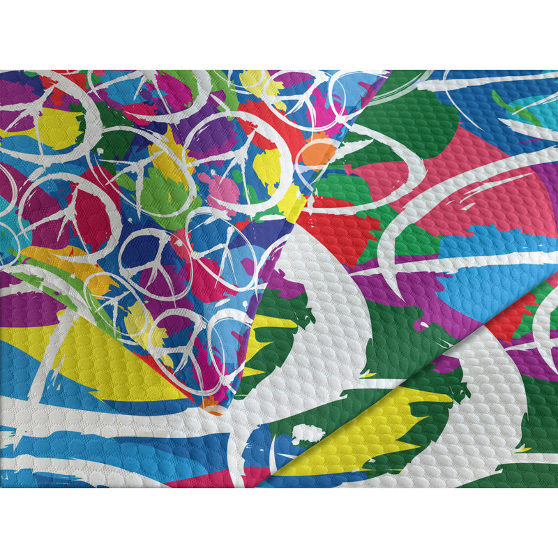 Ambesonne Hippie Bedspread Set Peace Activism Theme Multicolor, King Coverlet / Bedspread + 2 Standard Shams