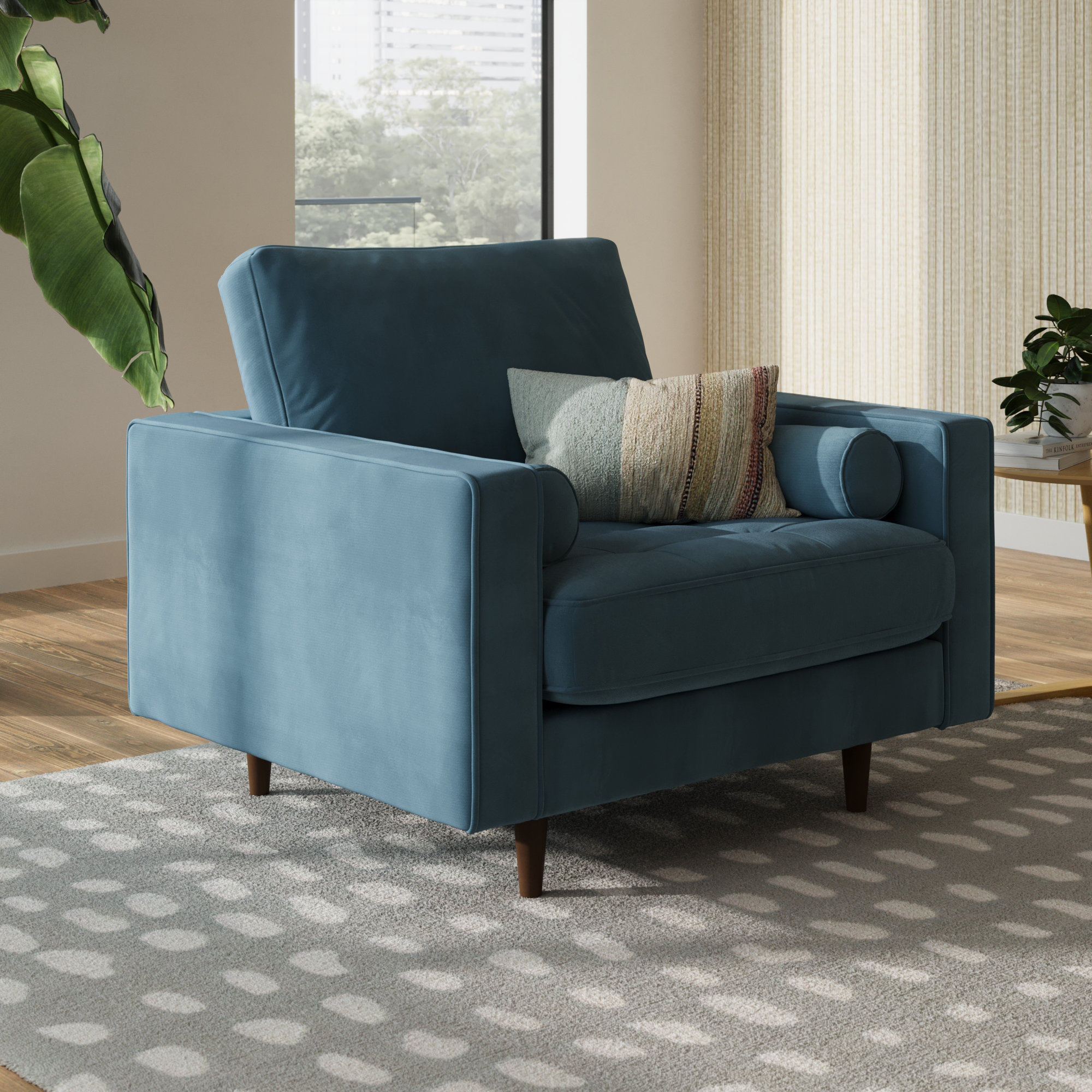 Geo Upholstered Armchair, Ocean Performance Velvet