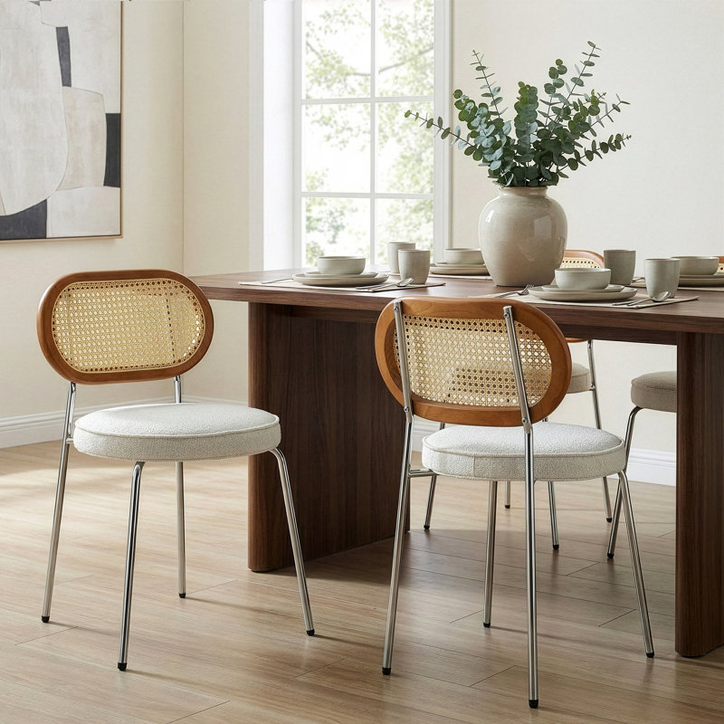 Boucle Low Rattan Back Side Chair, White