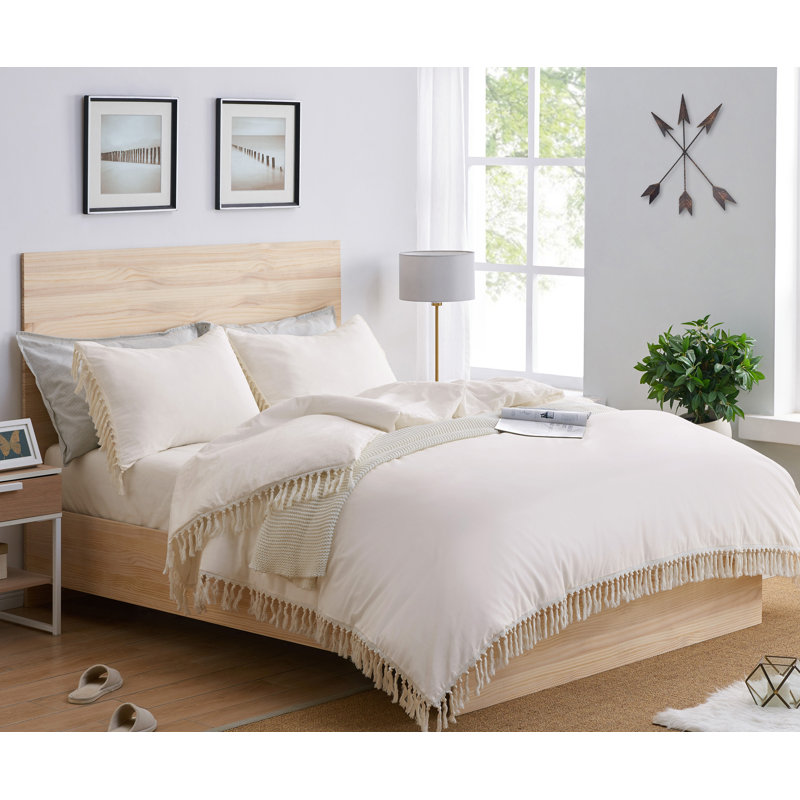Ivory Cotton Fringe Full/Queen Duvet Cover Set