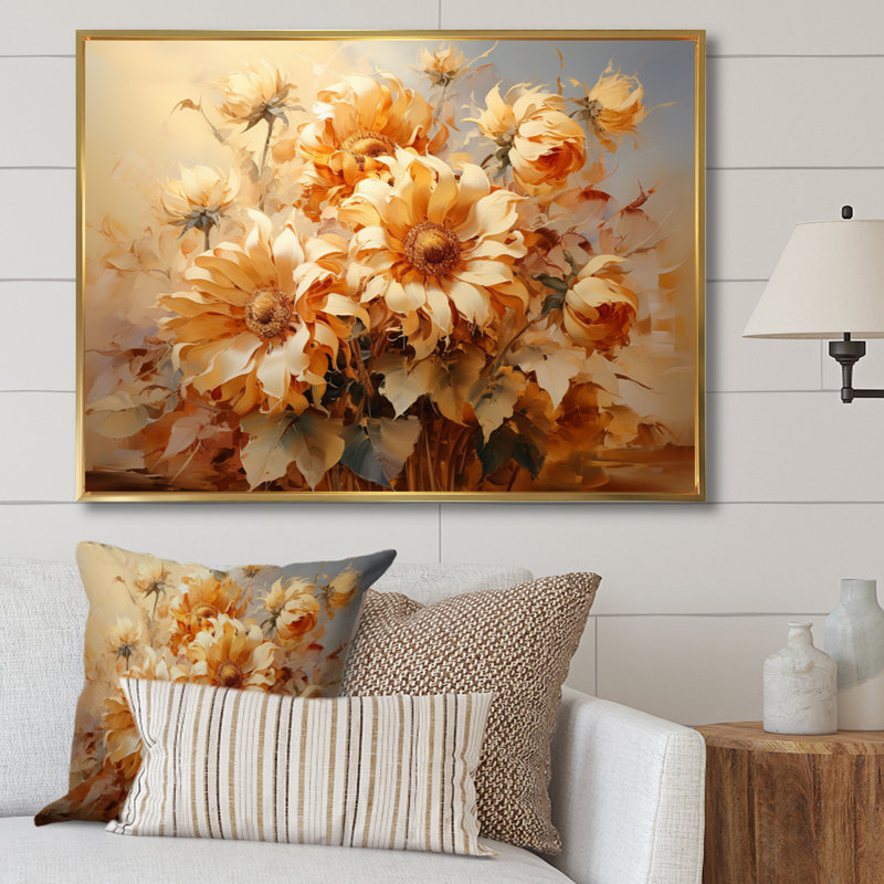 Beige tournesols, impression romantique I - impression, Cadre flottant doré, H 34 po x l 44 po x P 1,5 po