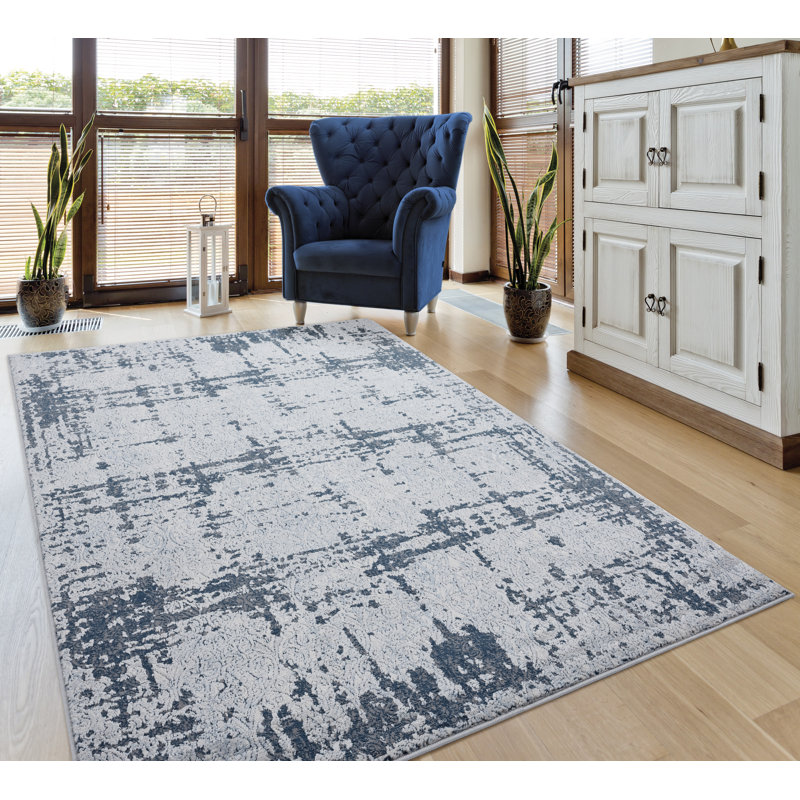 Tapis abstrait bleu / blanc, Rectangle 12 pi 6 po x 15 pi