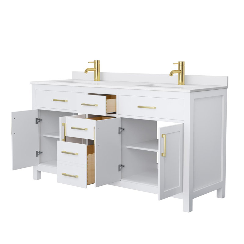 Beckett 66" Freestanding Double Bathroom Vanity with Cultured Marble Top, White, Brushed Gold, White Cultured Marble