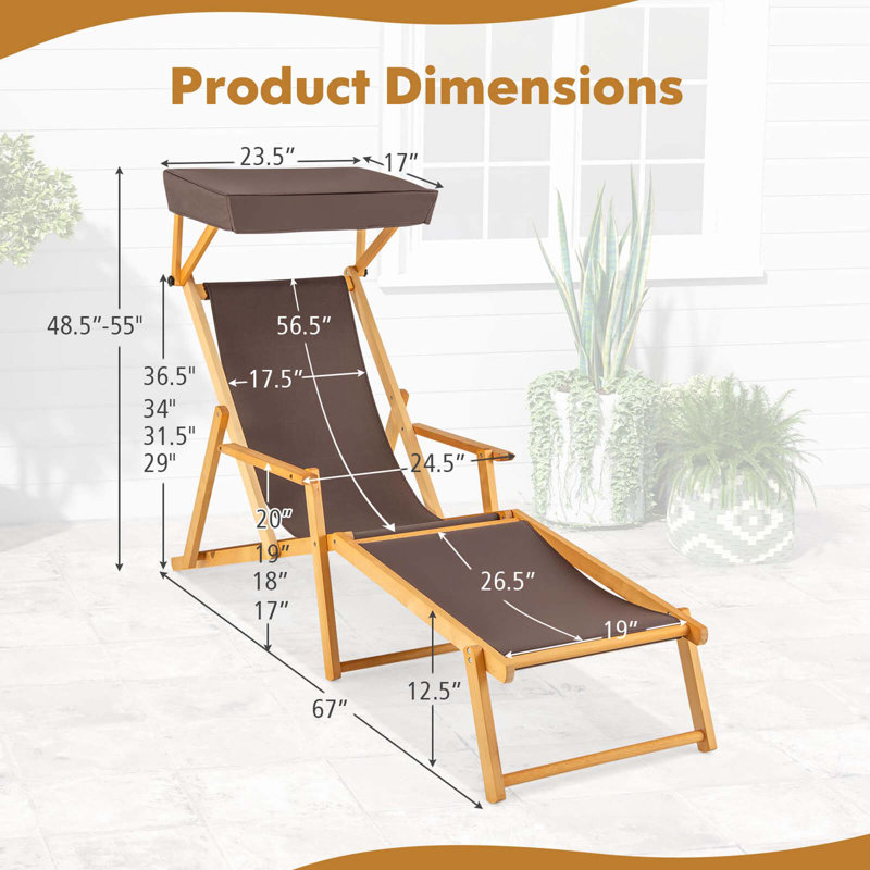 Birch Wood Chaise Lounge Chair With Adjustable Canopy Reclining Backrest & Footrest, Brown/Natural