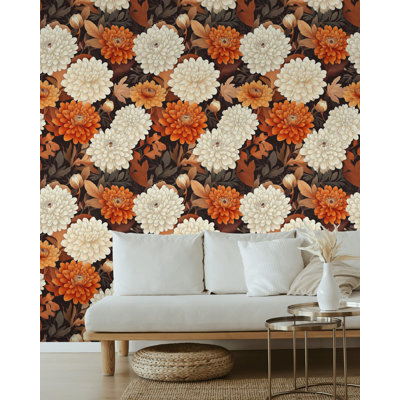 Rouleau de papier peint à motif floral d'automne orange crème