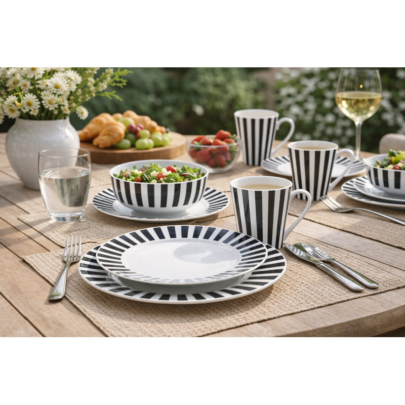 Waterside 24pc Black Split Stripe Porcelain Dinner Set