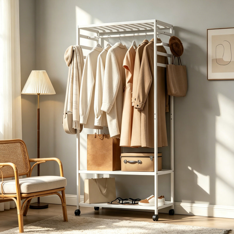 Heavy Duty Bamboo Clothes Rail Rack Garment Hanging Stand Corner Open Wardrobe