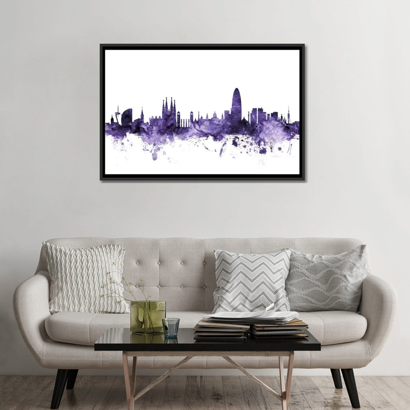 " Barcelona, Spain Skyline " by Michael Tompsett, 18" H x 26" W x 1.5" D, Black Floater Framed Canvas, No Mat