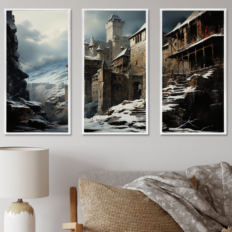 Art mural château médiéval en charme d'hiver IV - Châteaux, Cadre flottant blanc, H 32 po x l 48 po