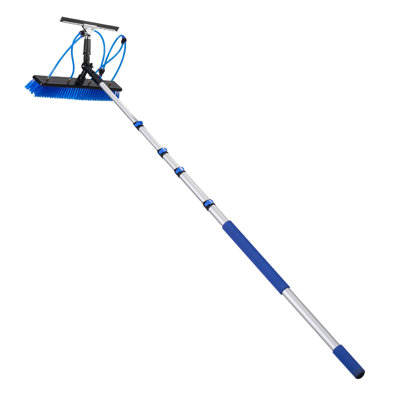Solar Panel Cleaning Kit, 15 ft, Water Fed Pole Kit with Cleaning Brush, Squeegee, Soap Dispenser, Extendable Aluminum Telescopic Pole, 180° Rotatable Brush Head, for Roof Mounted Solar Panels