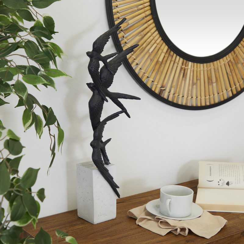 Sculpture décorative en polystone, Noir / blanc, Trois oiseaux