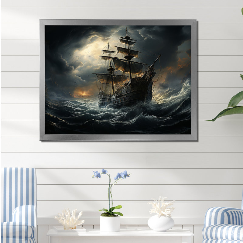 Pirate Ship At Stormy Seas - Art mural encadré pirate, Cadre simple blanc, H 34 po x l 44 po x P 1,5 po