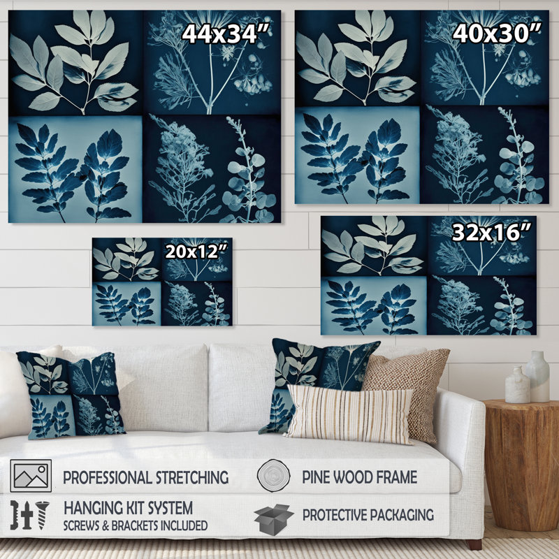 Fleurs sauvages rétro dans les tons de bleu - reproduction sur toile, H 12 po x l 20 po x P 1 po, Toile tendue