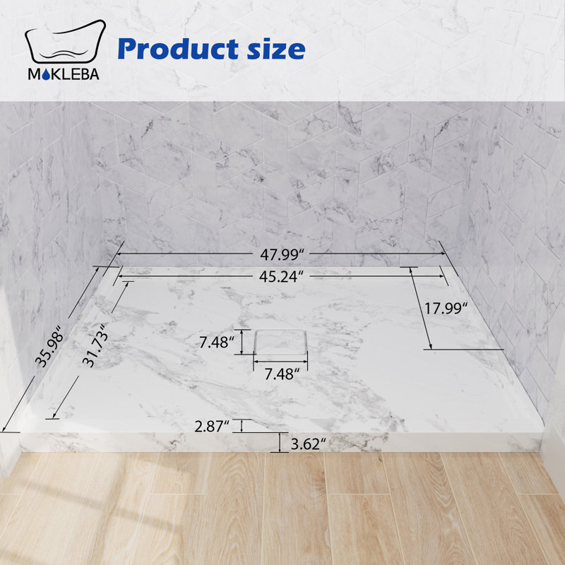 Bac de douche rectangulaire 48 po x 36 po en acrylique blanc avec plateau de centre imperméable résistant à l'usure pour le remodelage de salle de bain