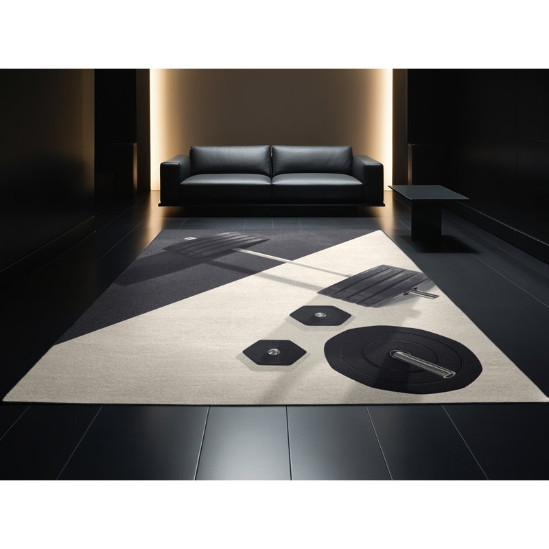 Machine Washable Hambrook Barbell Weightlifting Modern & Contemporary Geometric Rug in Beige – Black Binding, 7x10