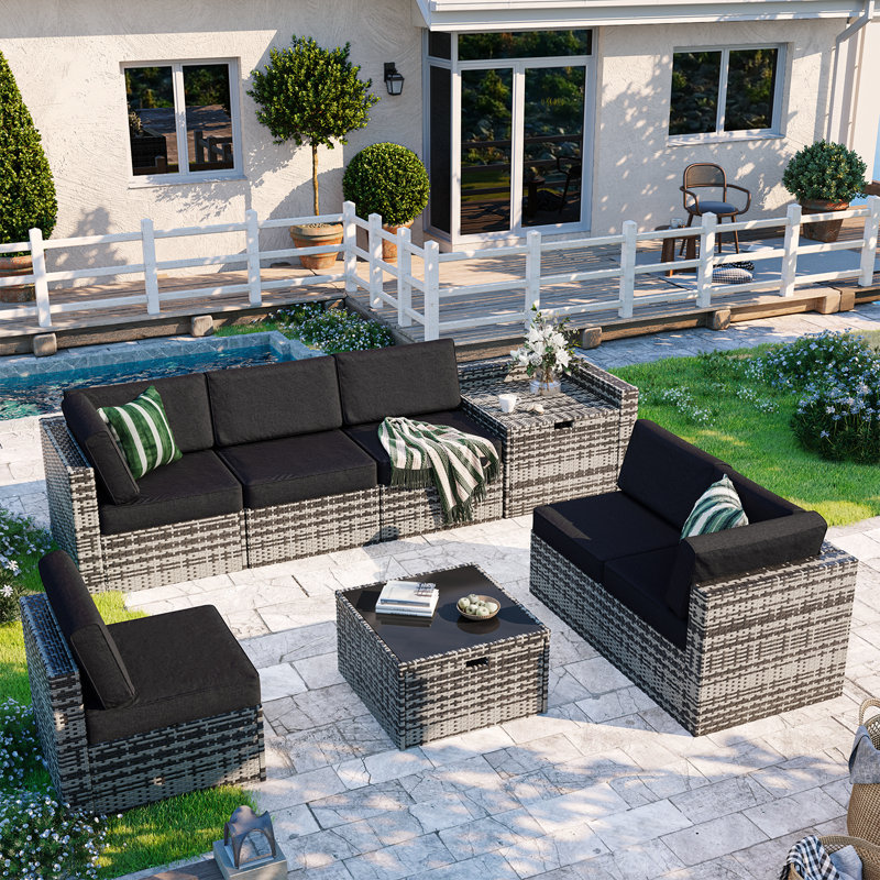 8-person  Patio Conversation Set With Hidden Storage And Coffee Table ,outdoor Seating Group, Gray, Black